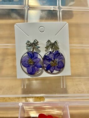 Handmade Pressed Purple Flower Hoop Drop Earrings with Bow Accent